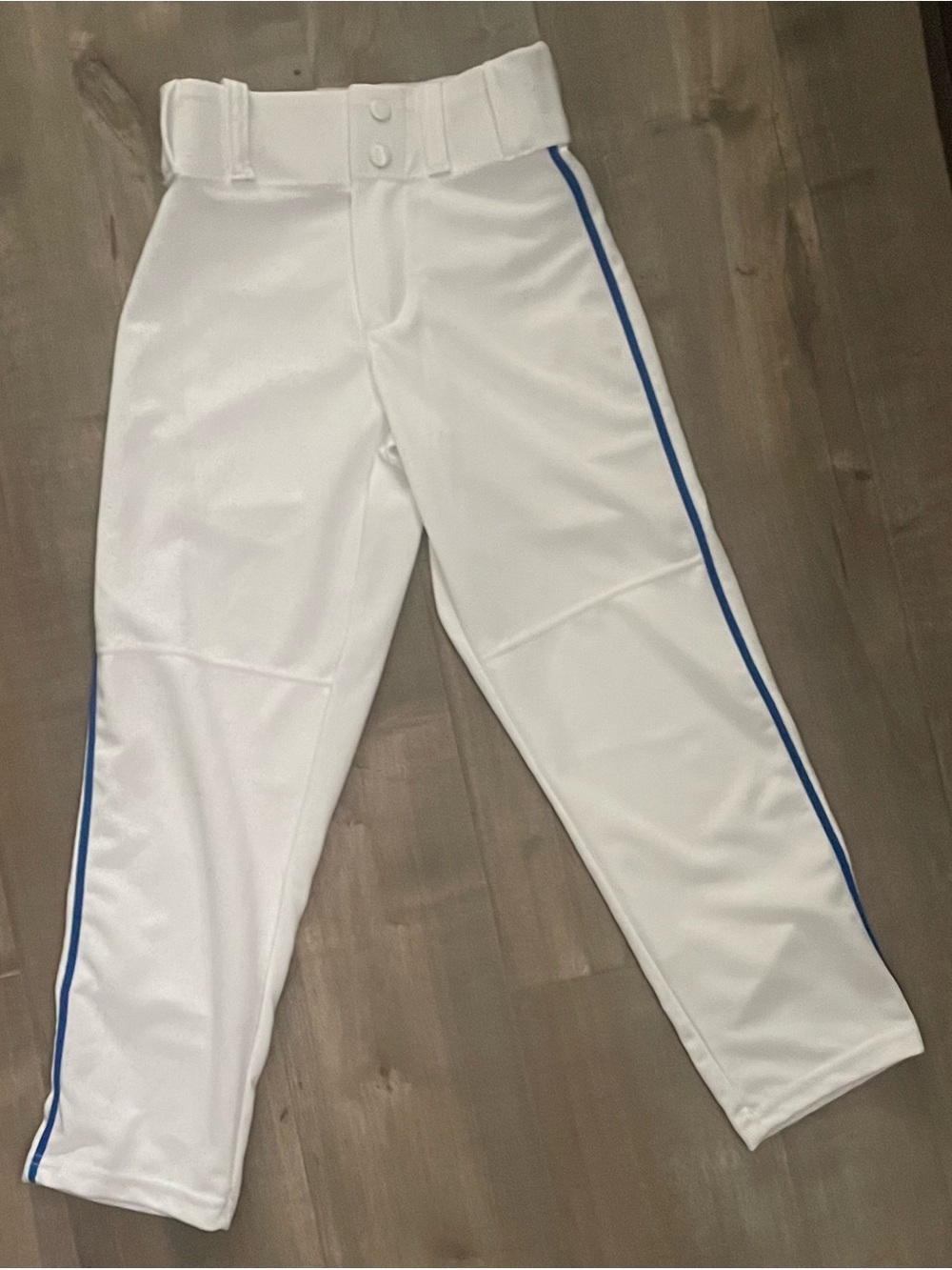 Youth White Athletic Baseball Pants with Blue Side Stripe size small